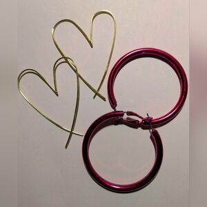 Hoops & Hearts Bold Earrings Hot Pink & Gold Tone New Large Statement 2 Pairs